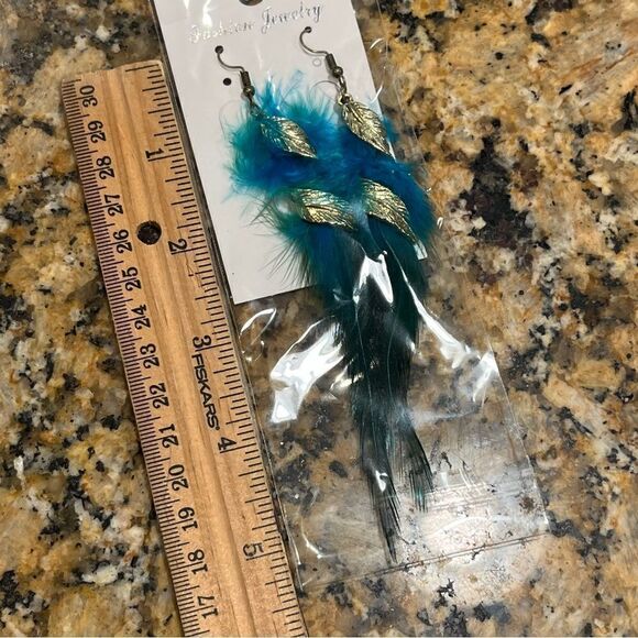 Turquoise & Green Feather Boho Earrings - Picture 3 of 4
